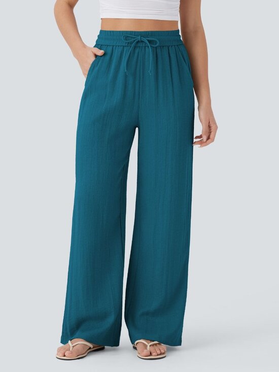 HALARA Pants - High Waisted Drawstring Pocket Wide Leg Baggy Casual Linen-Feel Pants